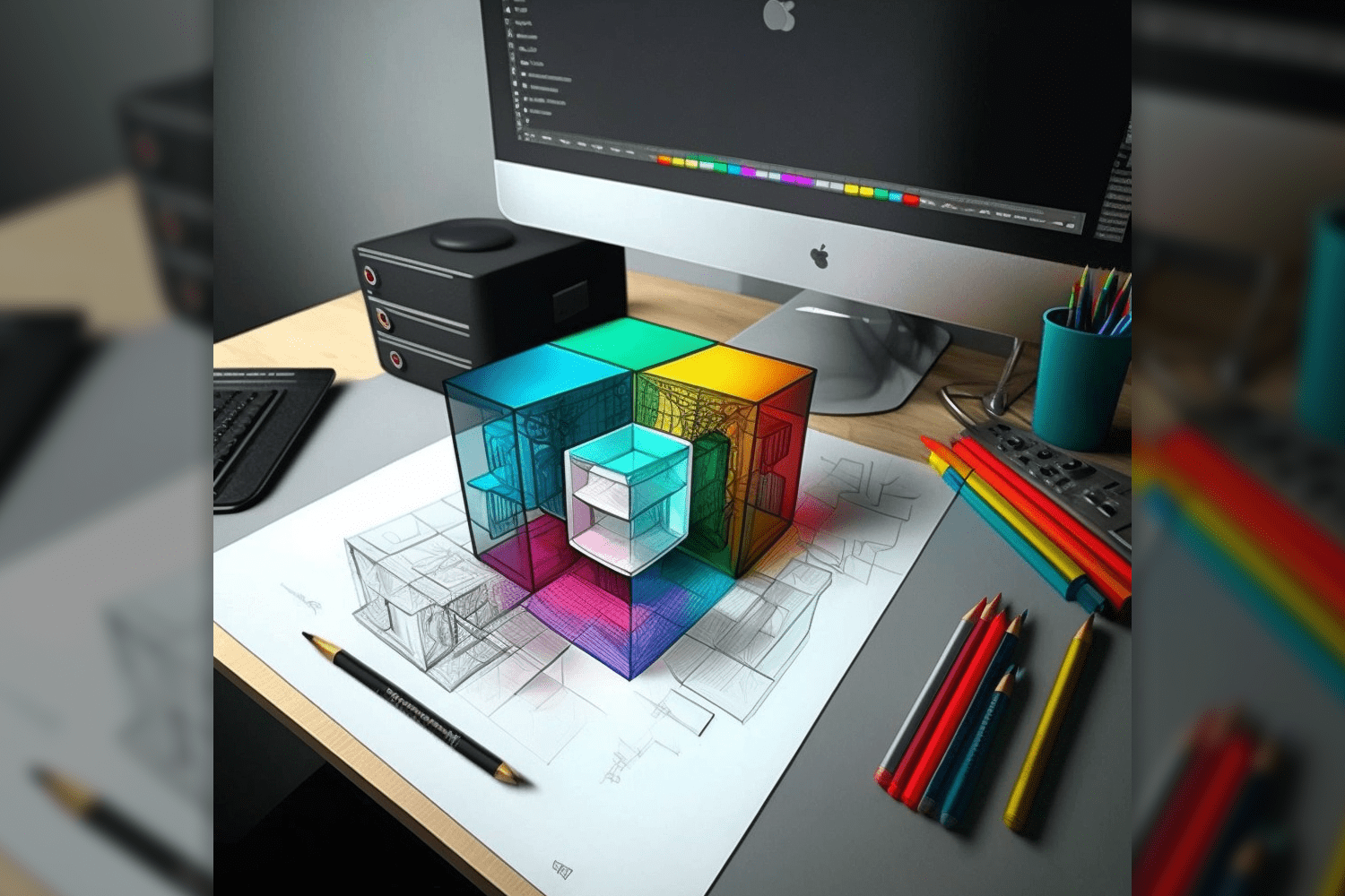 Photo of a table with a computer and an album with a 3D drawing of a house.