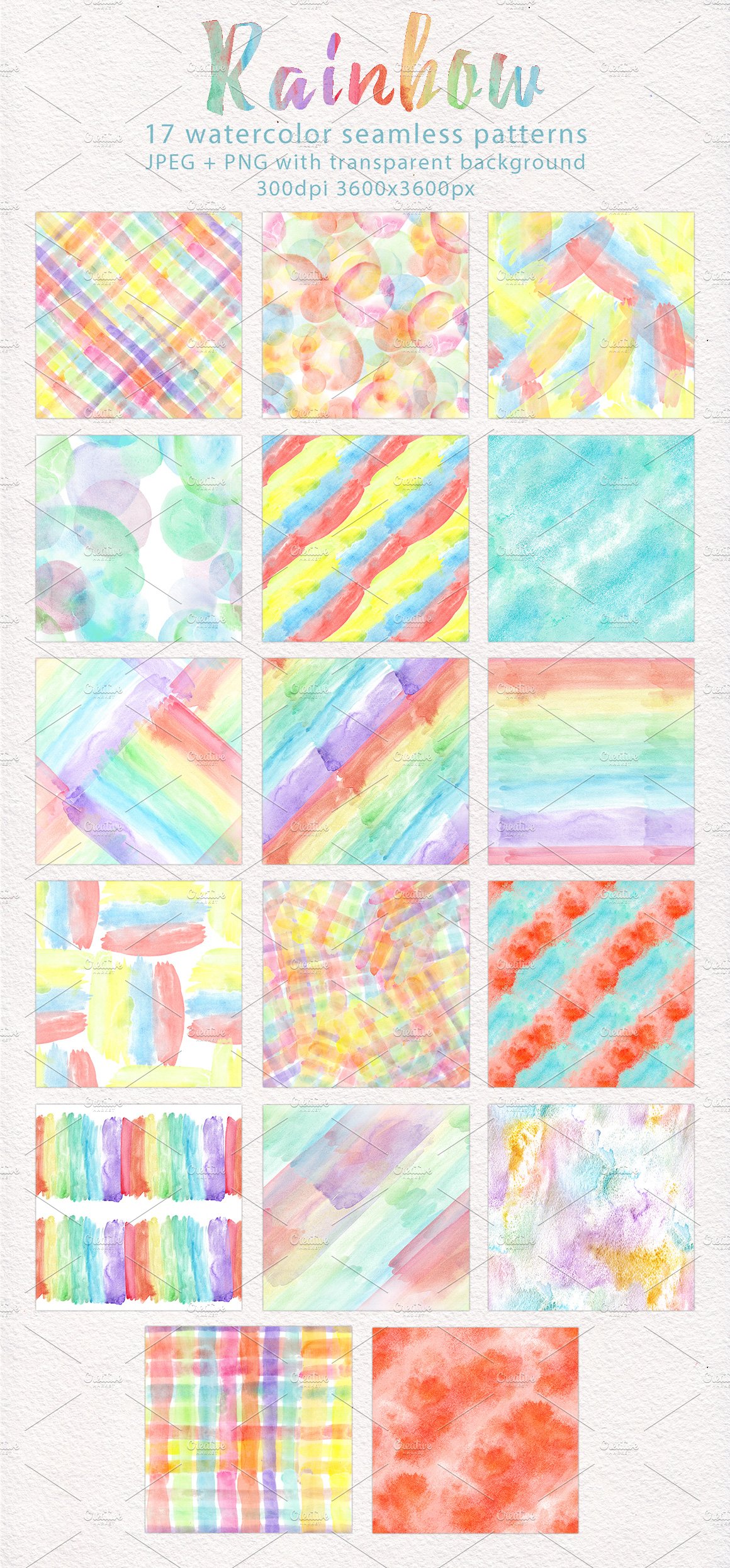 Rainbow watercolor seamless pattern preview image.