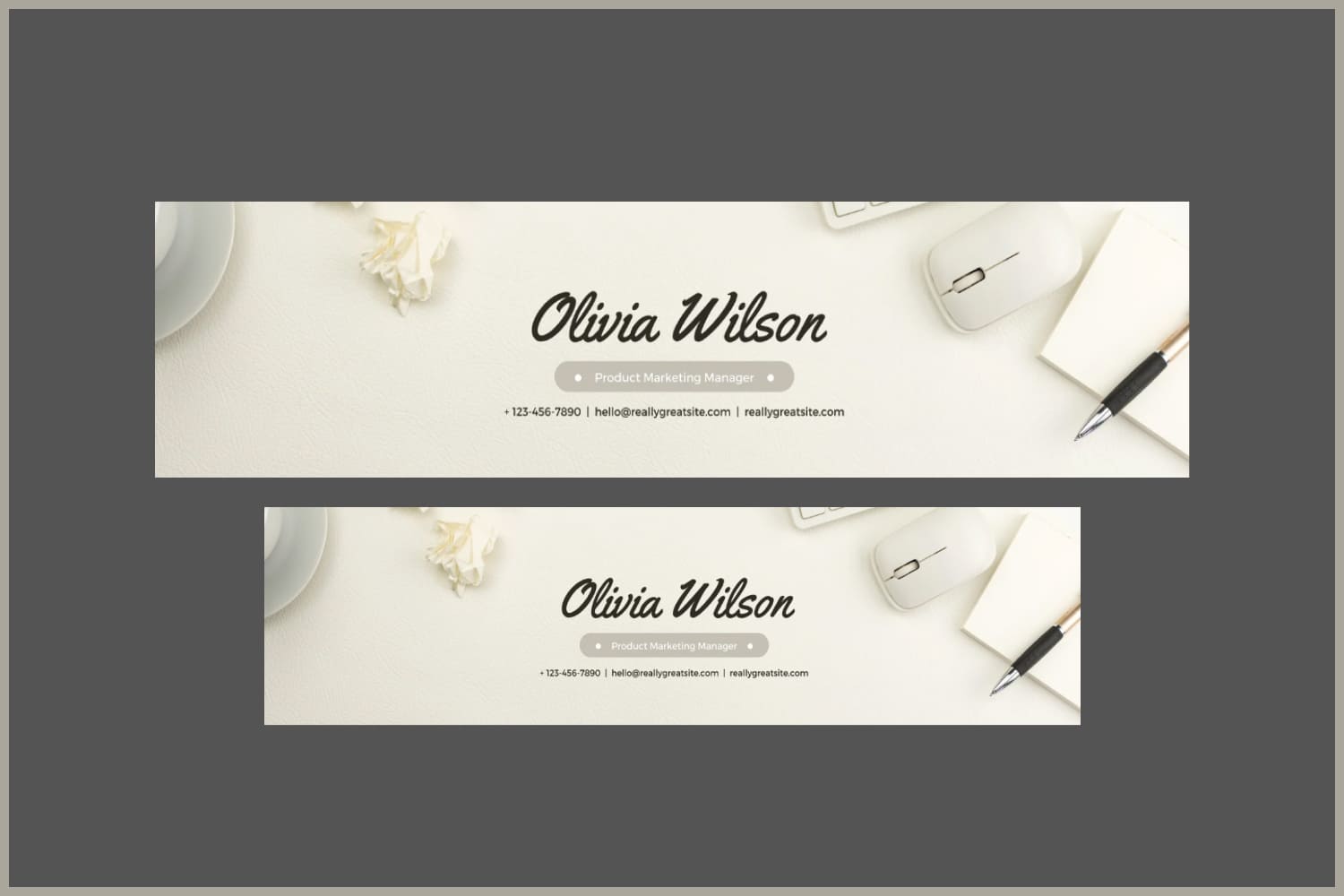 Banners for linkedin with a photo of a computer mouse, notepad and pen on a cream background.