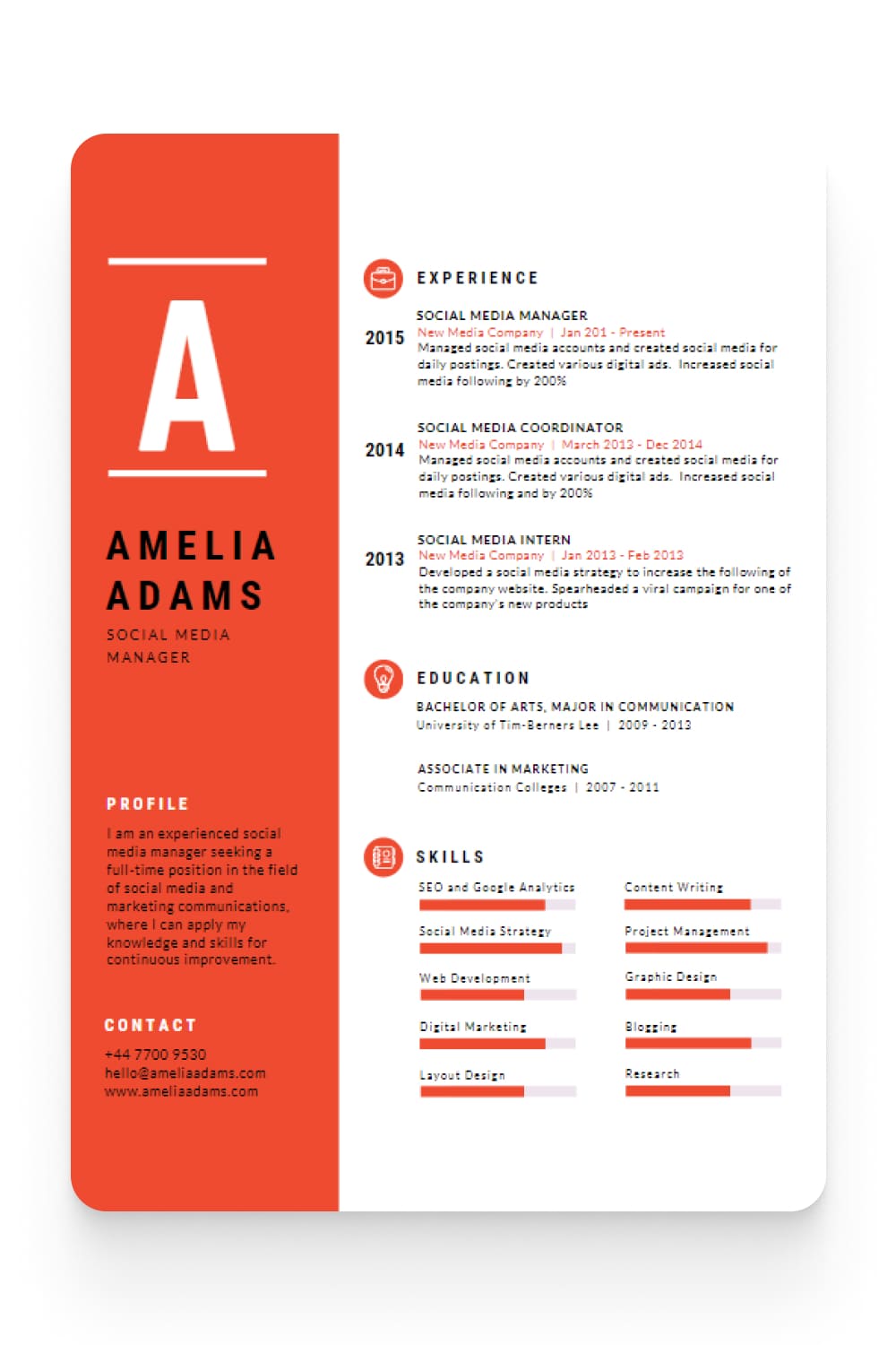 Resume with red column of contacts and white experience.