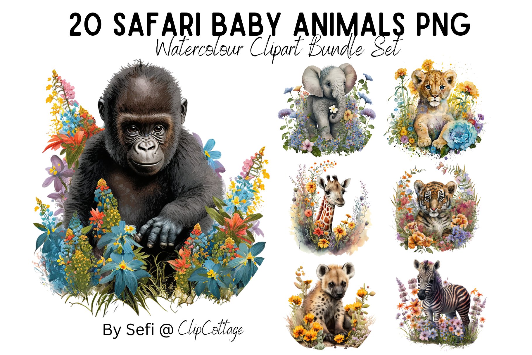 20 Watercolour Safari Baby Animals cover image.