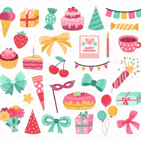 Cute birthday sticker. Party cake cover image.