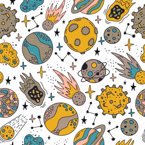 Space planets pattern. Cute hand cover image.