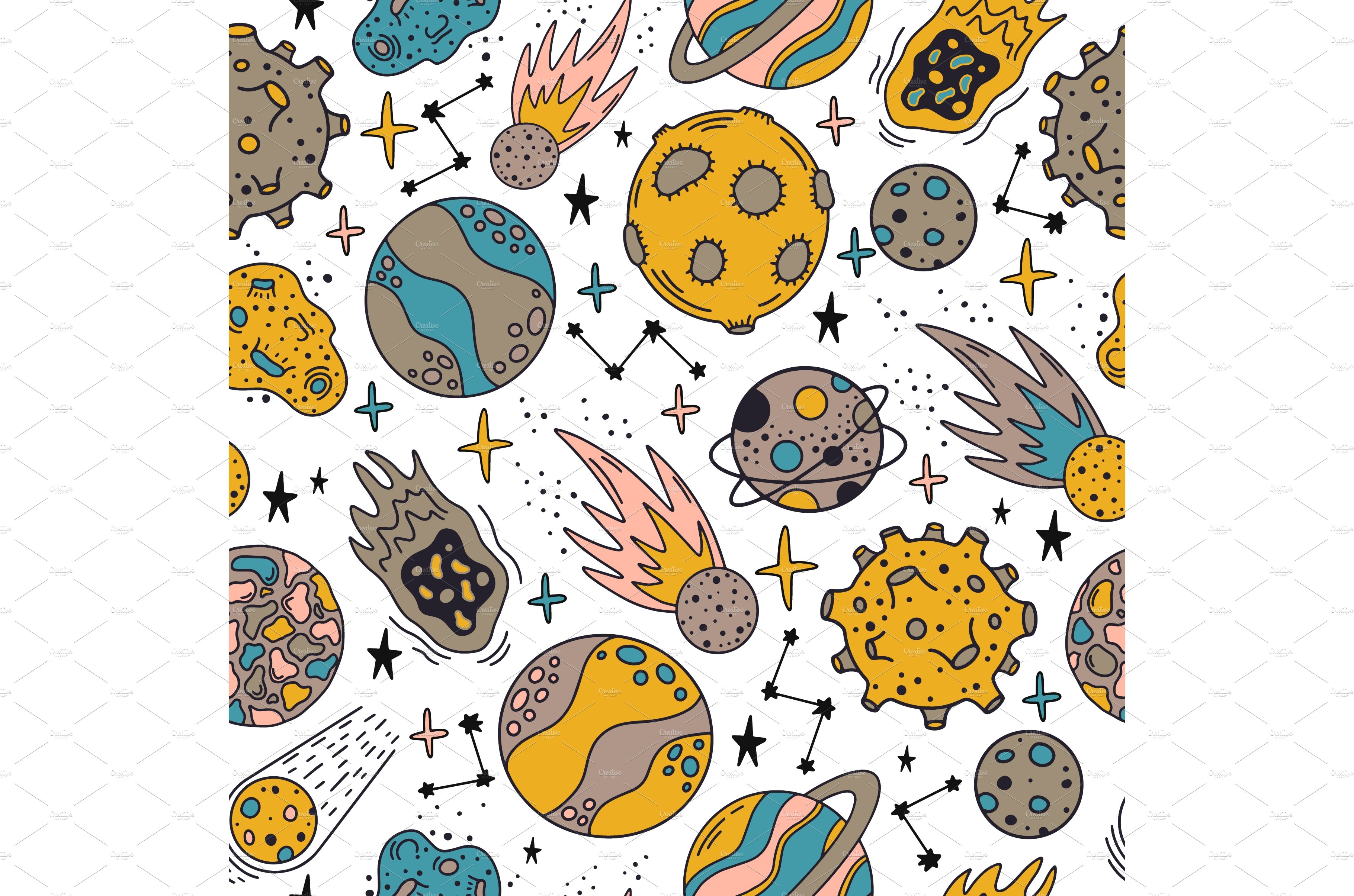 Space planets pattern. Cute hand cover image.