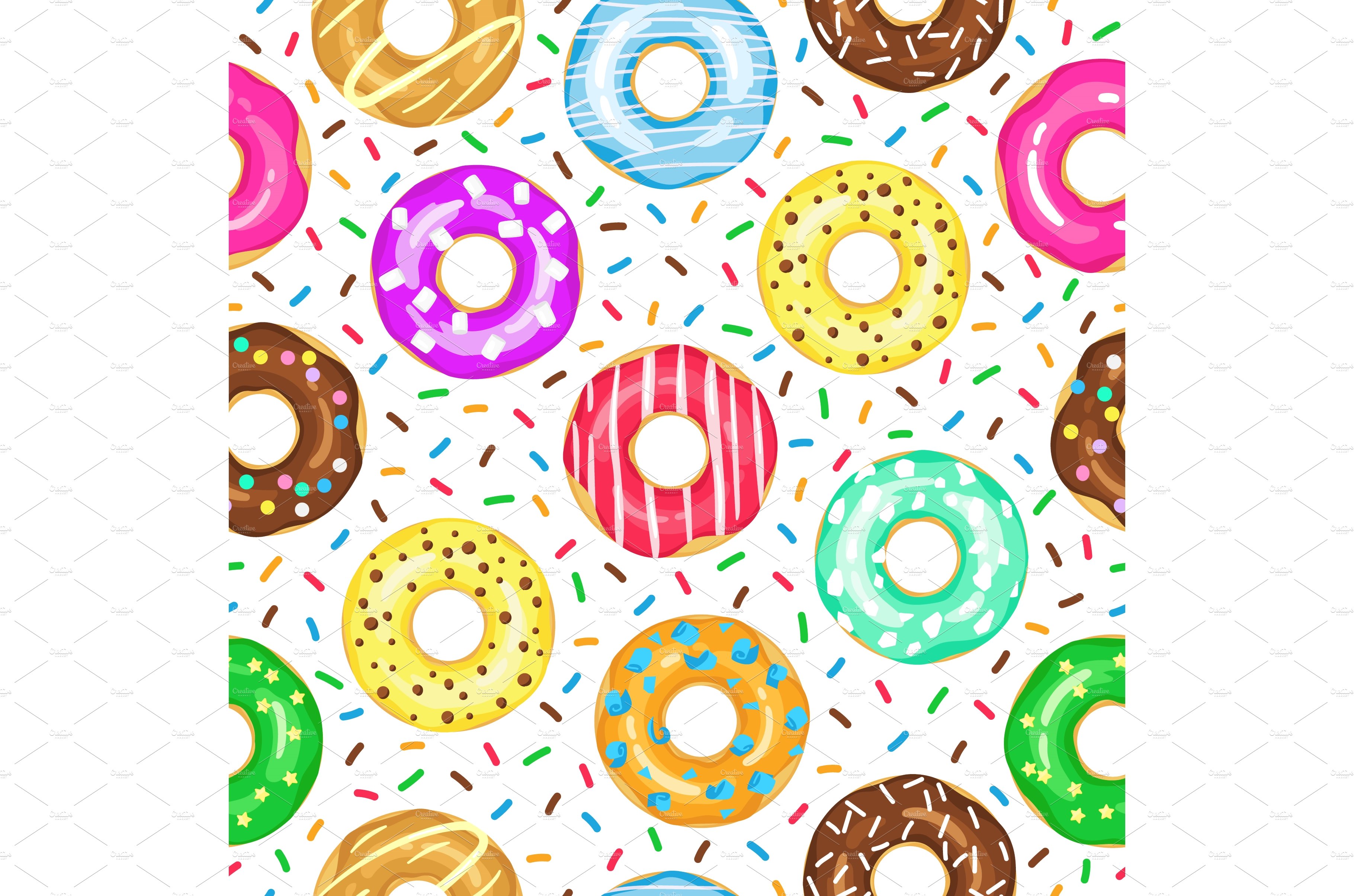 Cartoon donuts pattern. Seamless cover image.