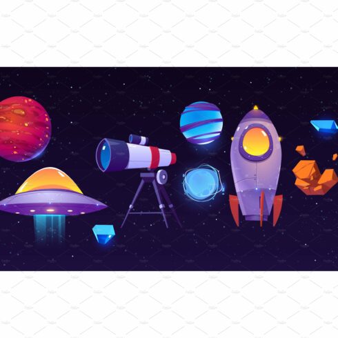 Space exploring icons, planets cover image.