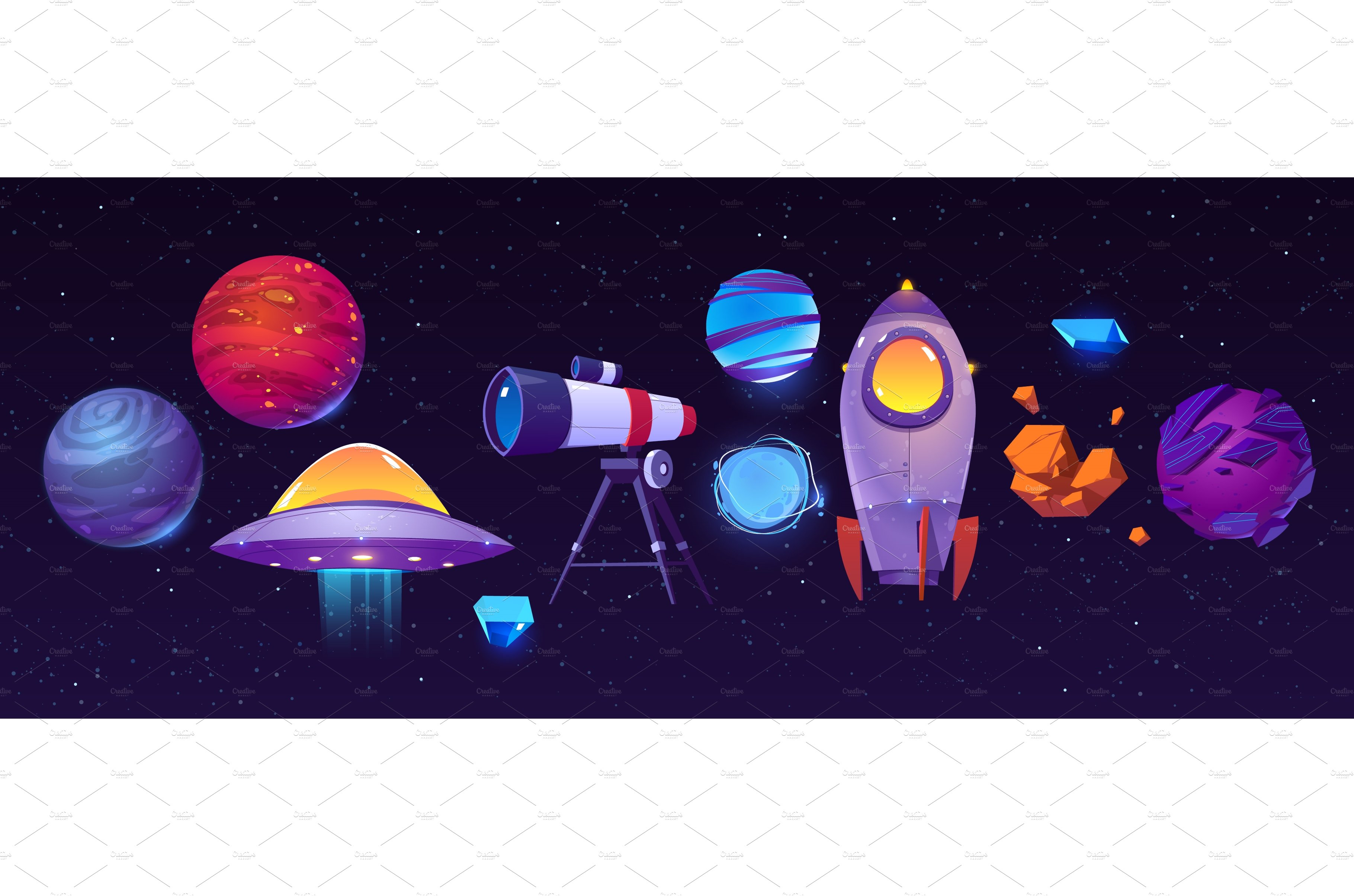 Space exploring icons, planets cover image.