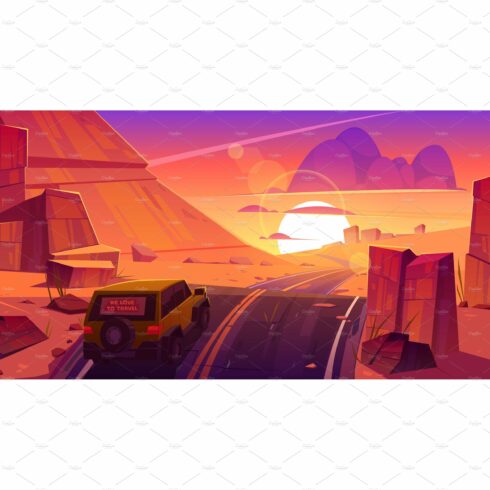 Car driving road at sunset desert cover image.
