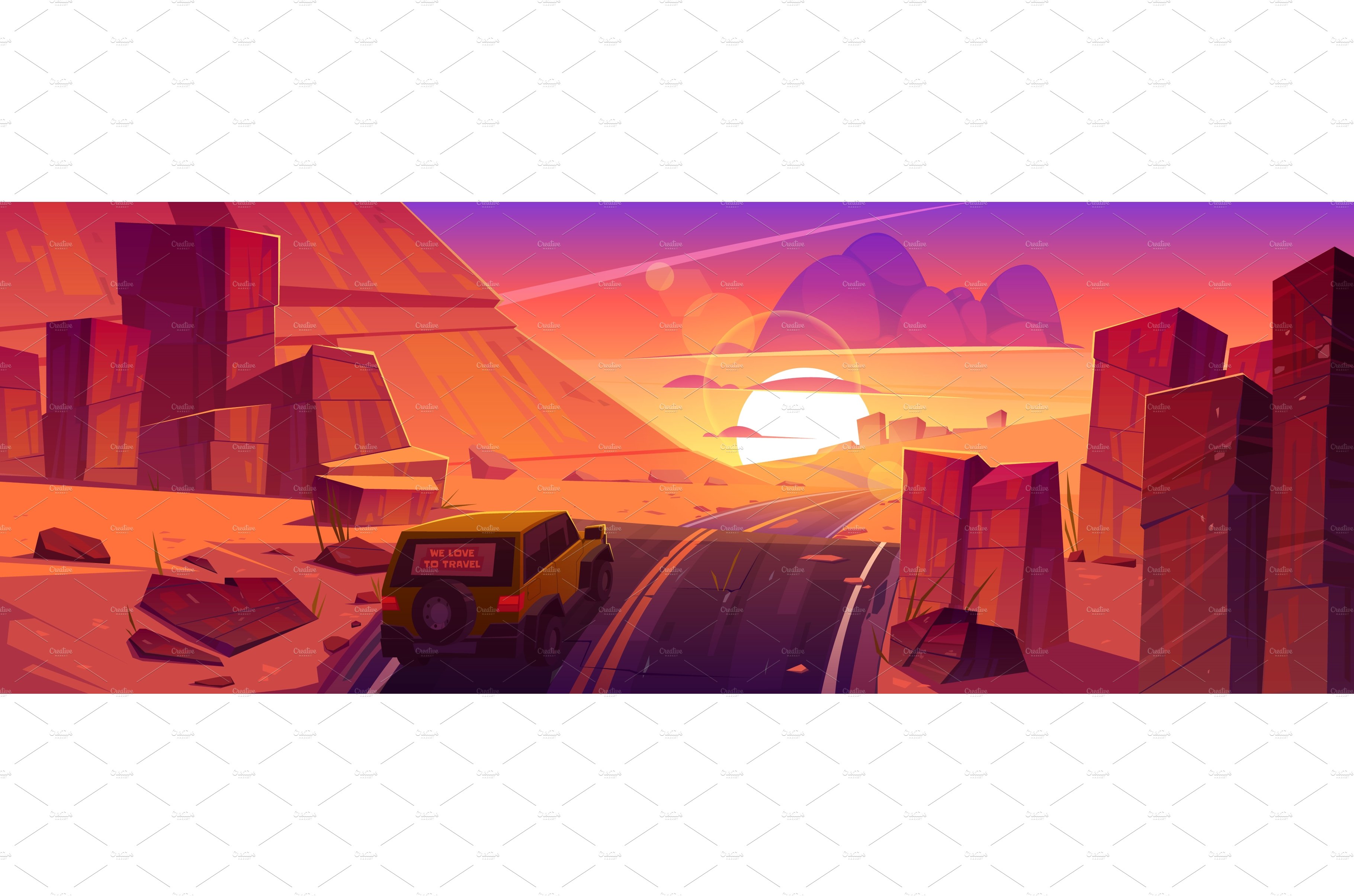 Car driving road at sunset desert cover image.