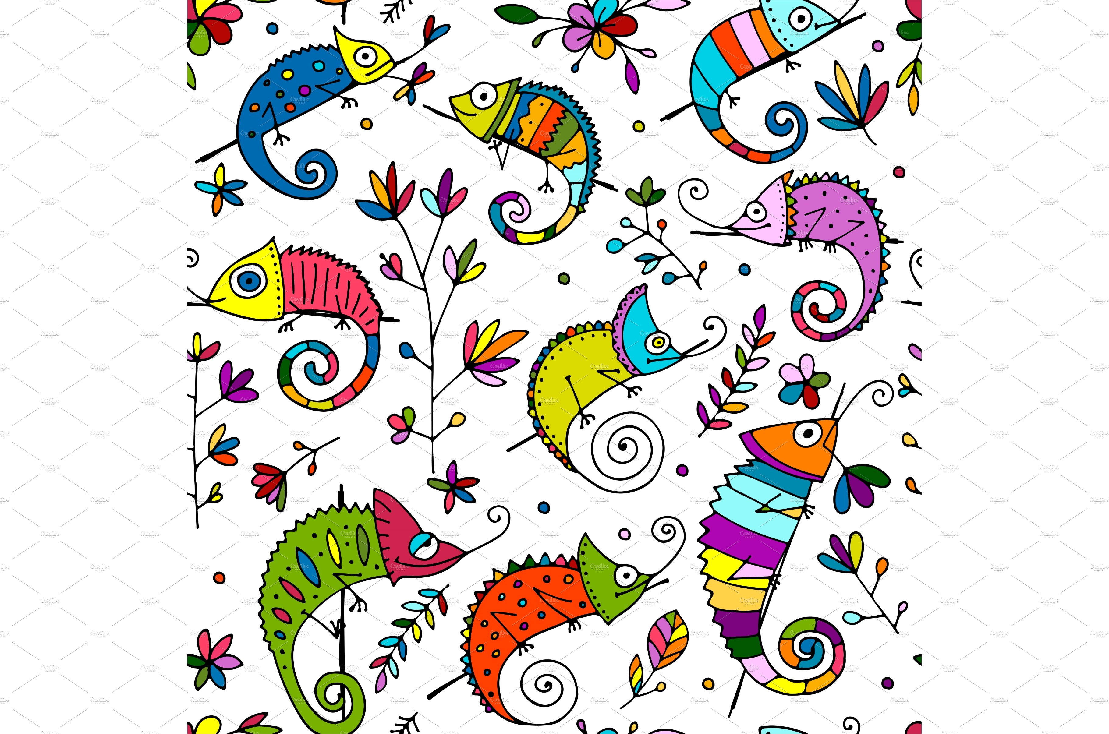 Chameleons family, seamless pattern cover image.