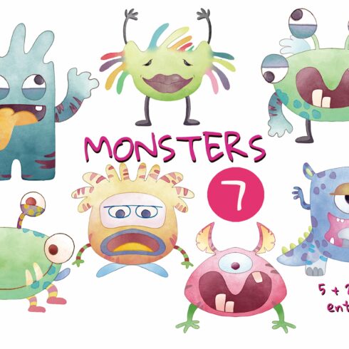 New Monster Watercolor Clipart Set cover image.