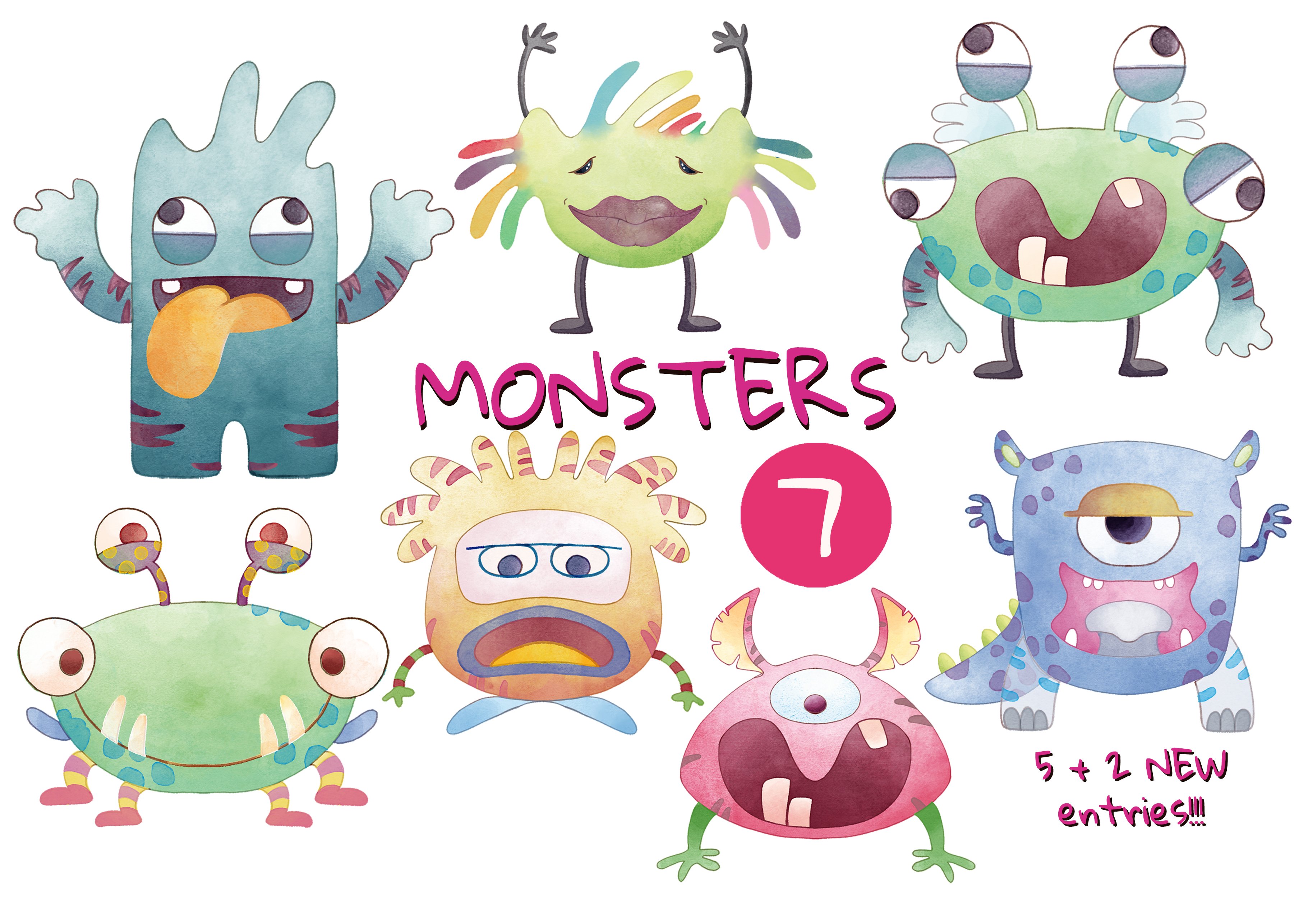 New Monster Watercolor Clipart Set cover image.