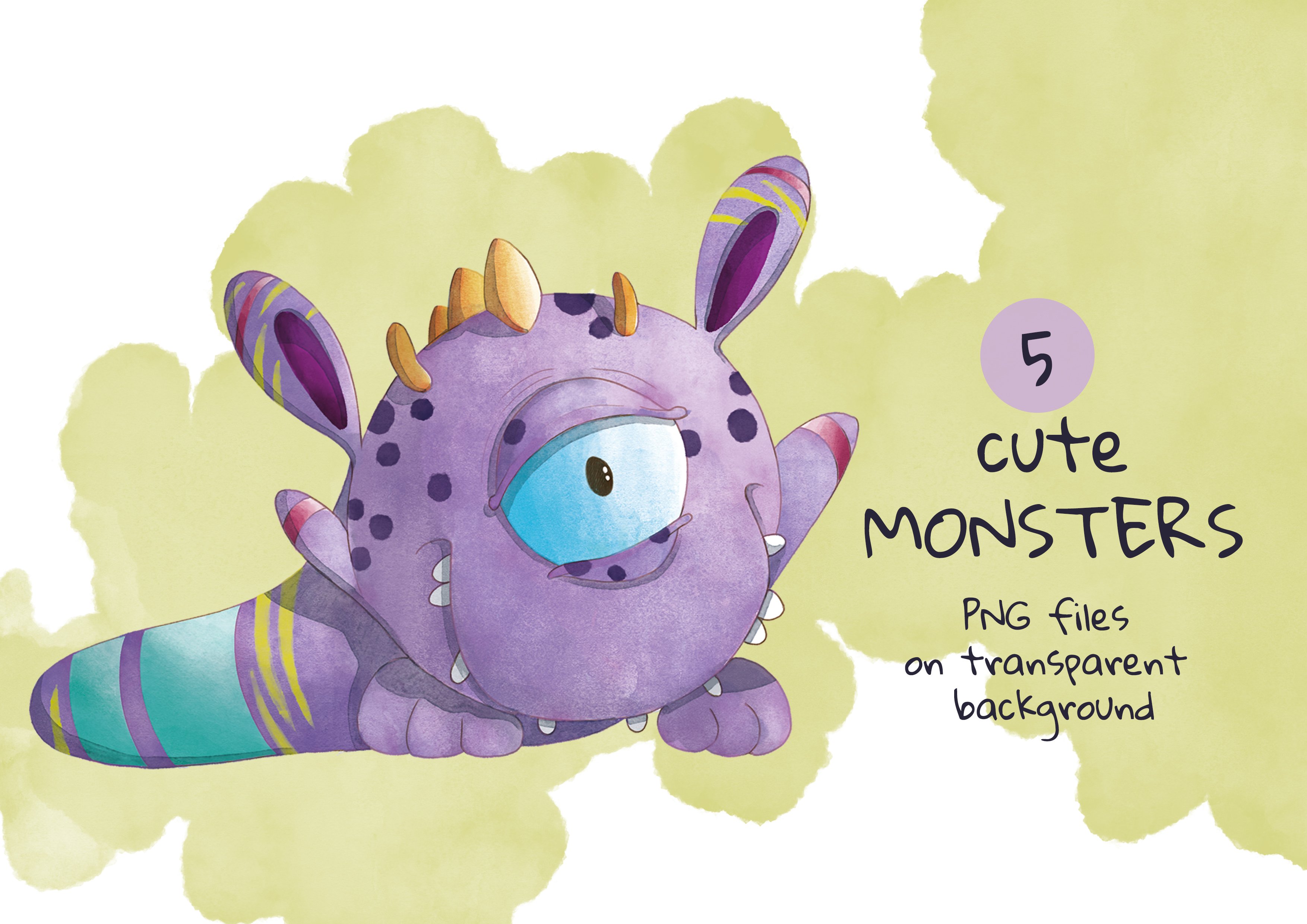 Cute monsters | Watercolor clipart cover image.