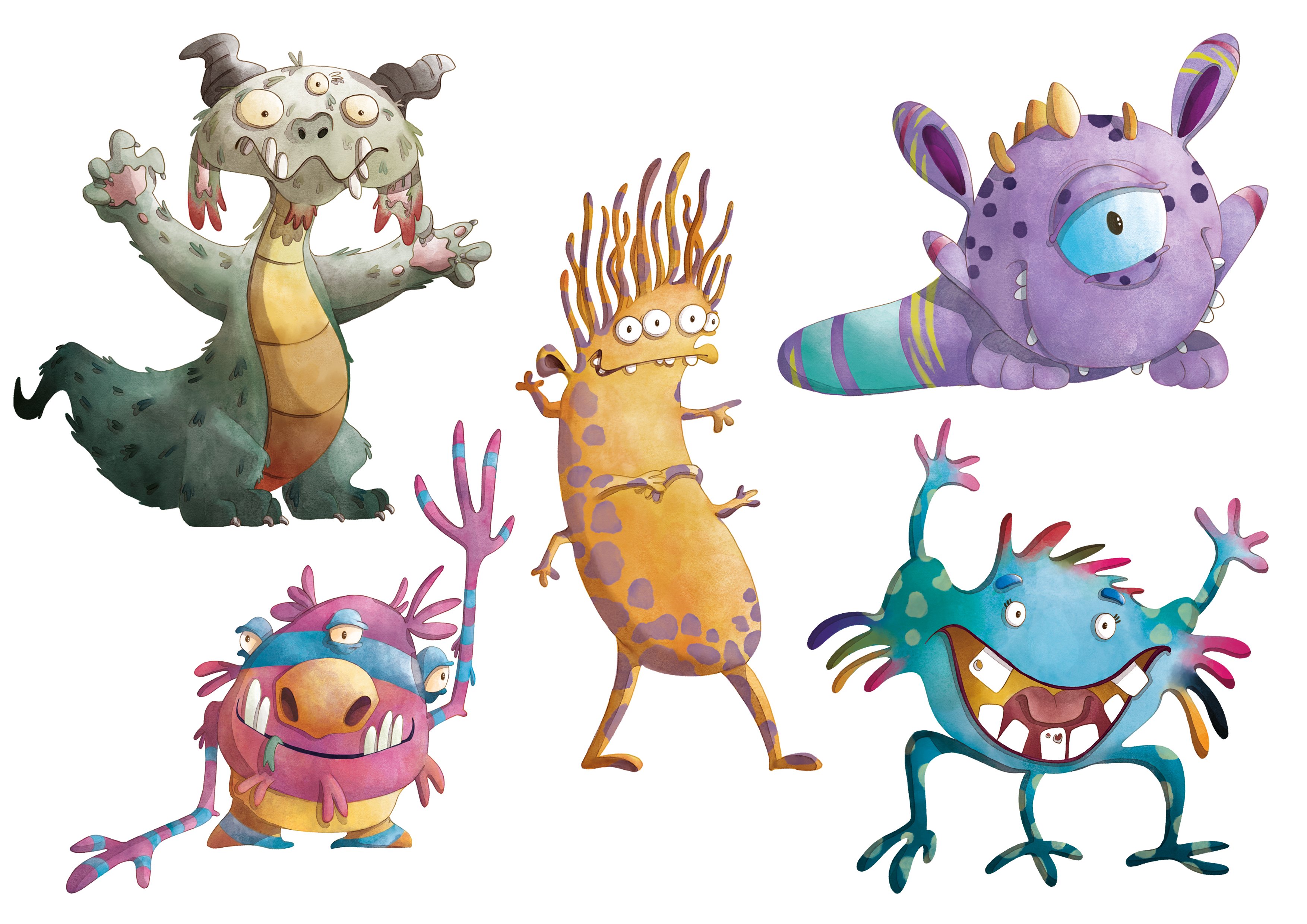 Cute monsters | Watercolor clipart preview image.