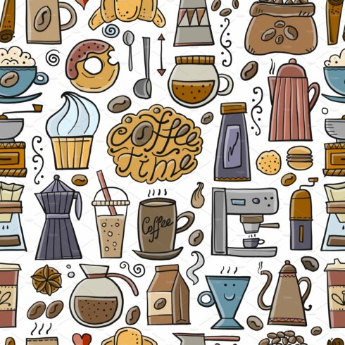 Coffee doodles, seamless pattern for cover image.