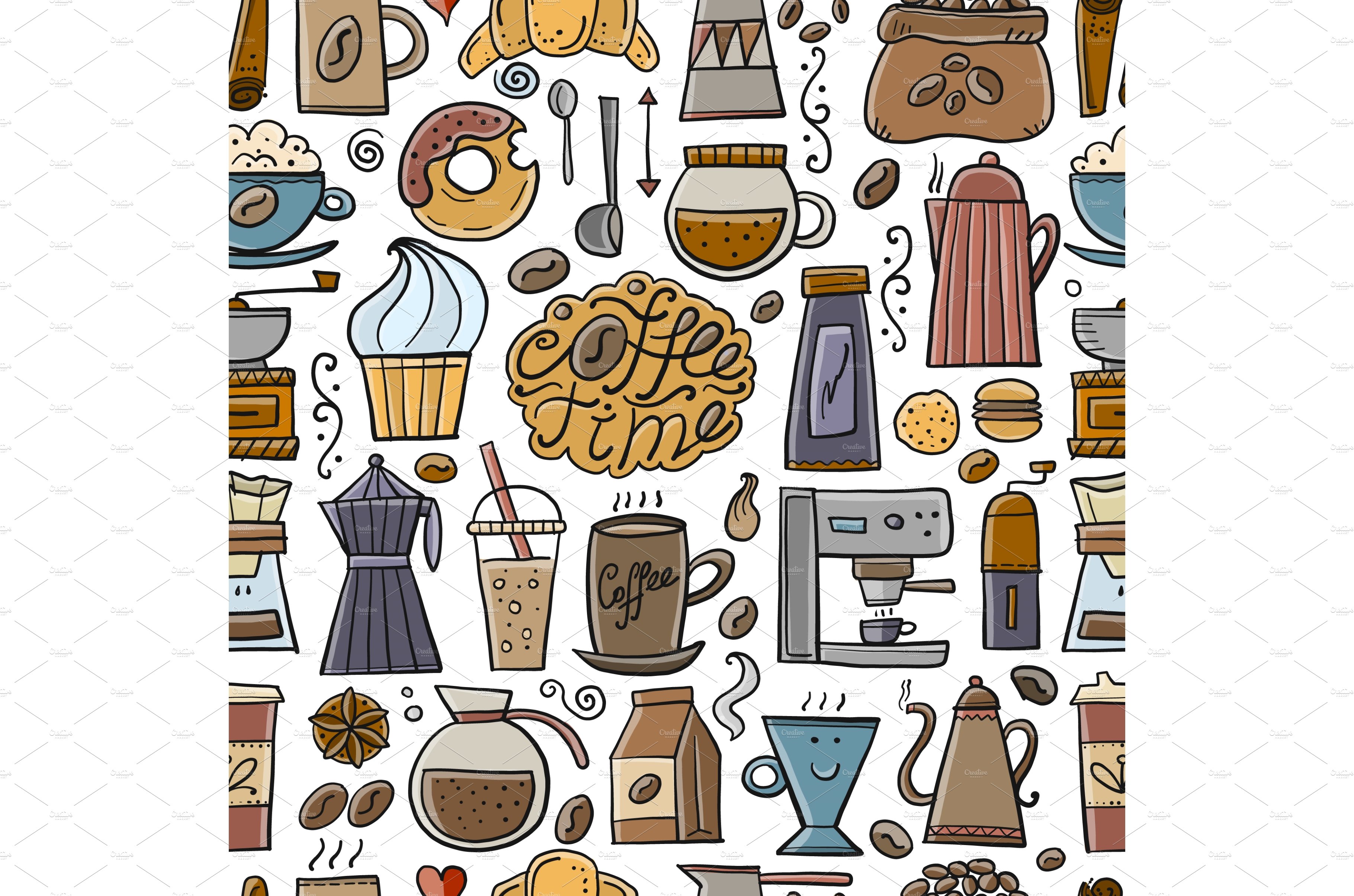 Coffee doodles, seamless pattern for cover image.