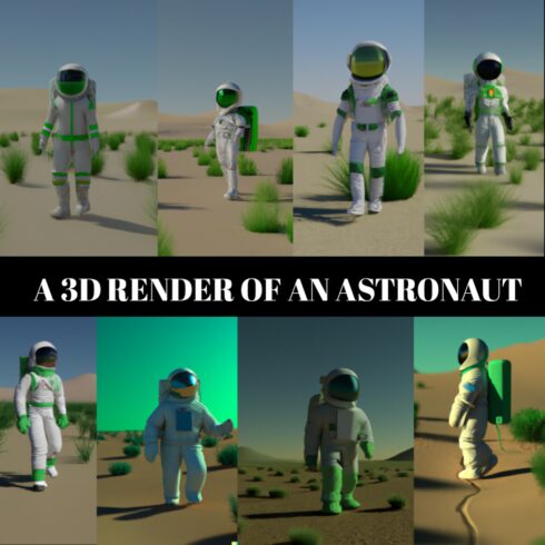 A 3D render of an astronaut walking in a green desert | photo Bundles of an astronaut cover image.
