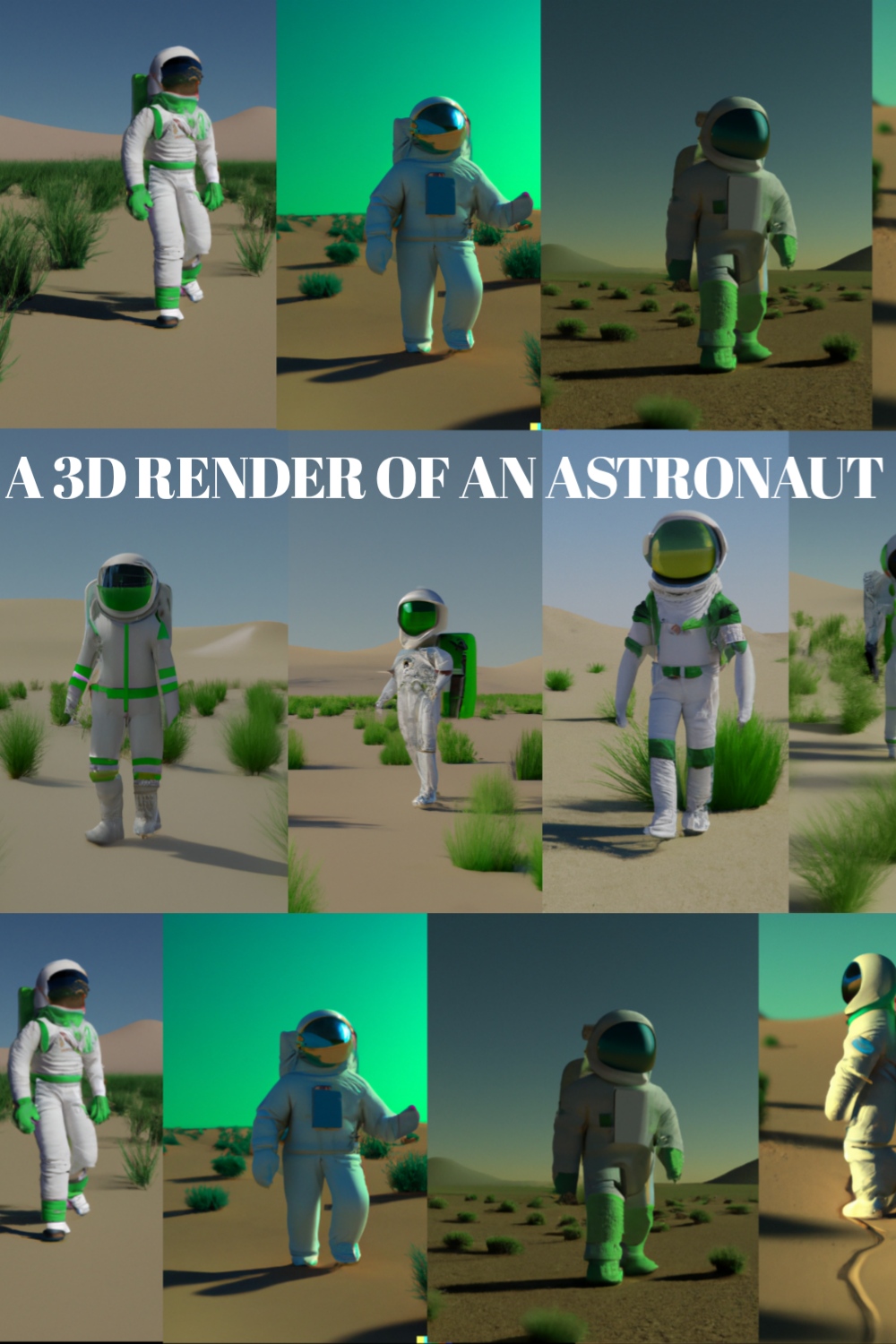 A 3D render of an astronaut walking in a green desert | photo Bundles of an astronaut pinterest preview image.