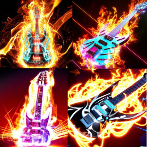 Futuristic neon lit cyborg guitar with flames background cover image.