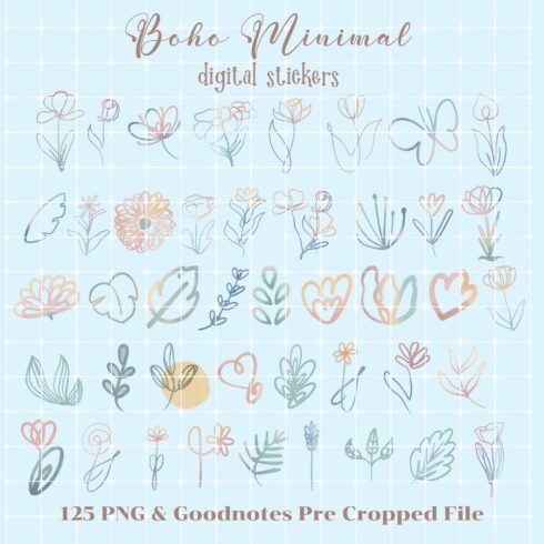 125 Boho Minimal Digital Stickers PNG & Goodnotes Pre Cropped File cover image.