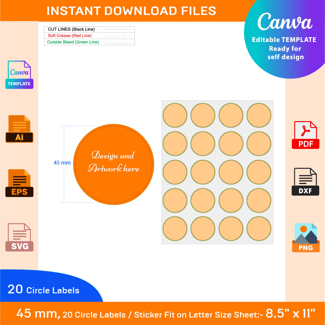 20pcs 45 mm CIRCLE or ROUND label sticker dieline template in Letter ...