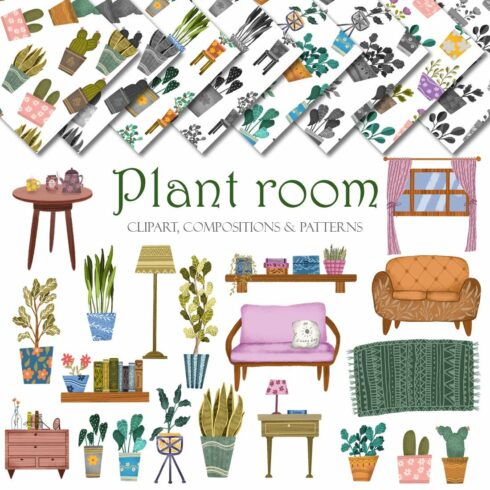 Houseplants clipart seamless pattern set cover image.