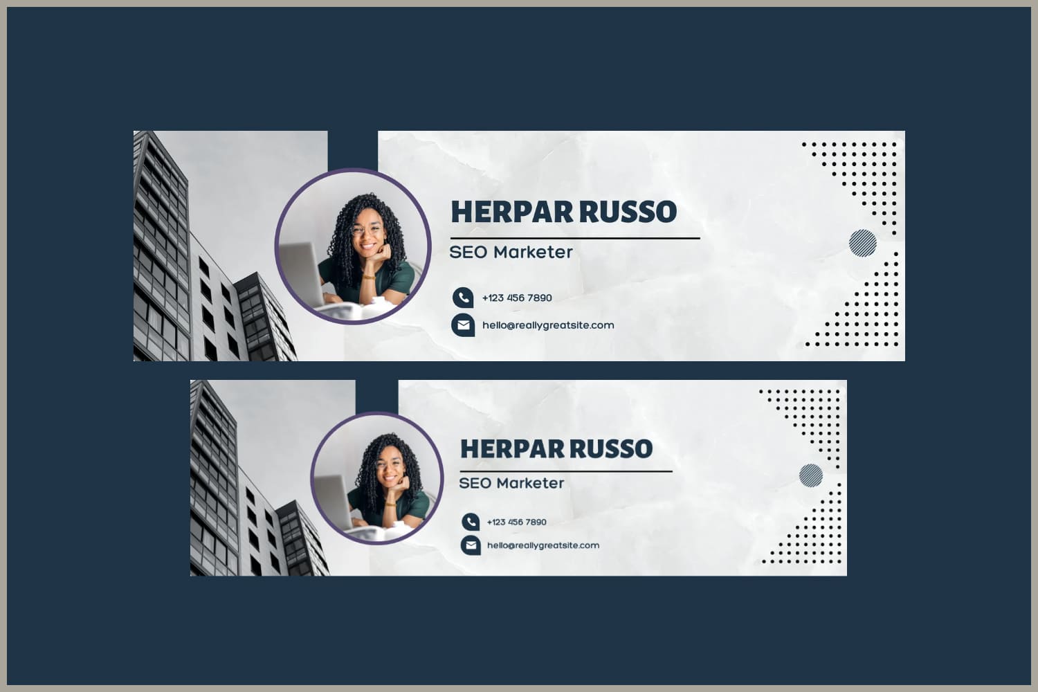 Banners for linkedin with a photo of a girl, contact details and a photo of houses on the background.