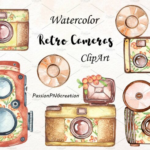 Watercolor Retro Cameras Clipart cover image.