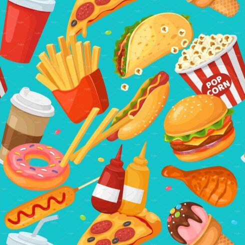 Fast food seamless pattern. Cartoon cover image.