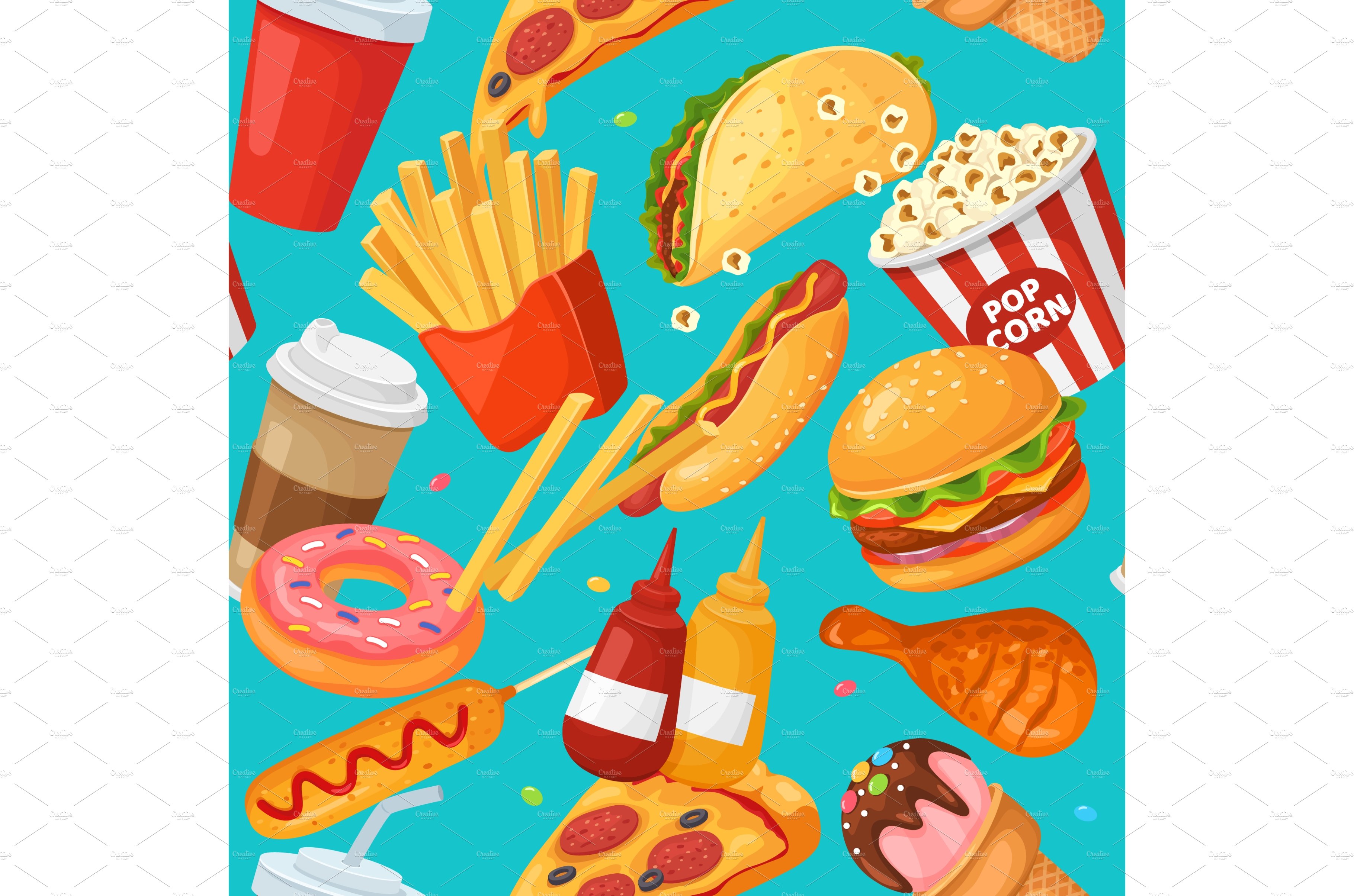Fast food seamless pattern. Cartoon cover image.