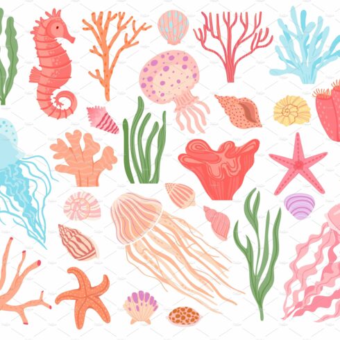 Ocean elements. Cartoon seaweeds cover image.