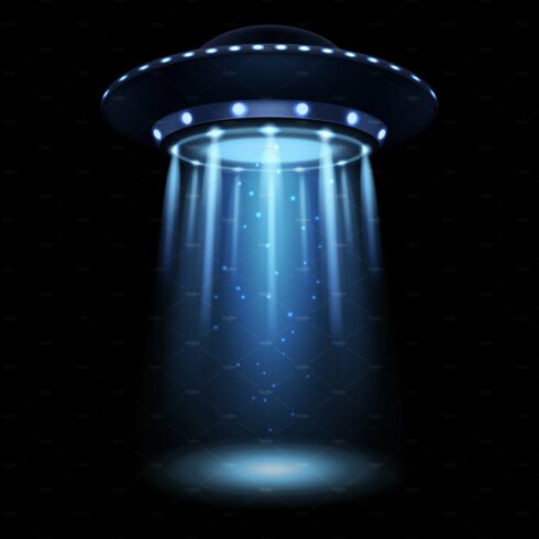 UFO. Realistic alien spaceship with cover image.
