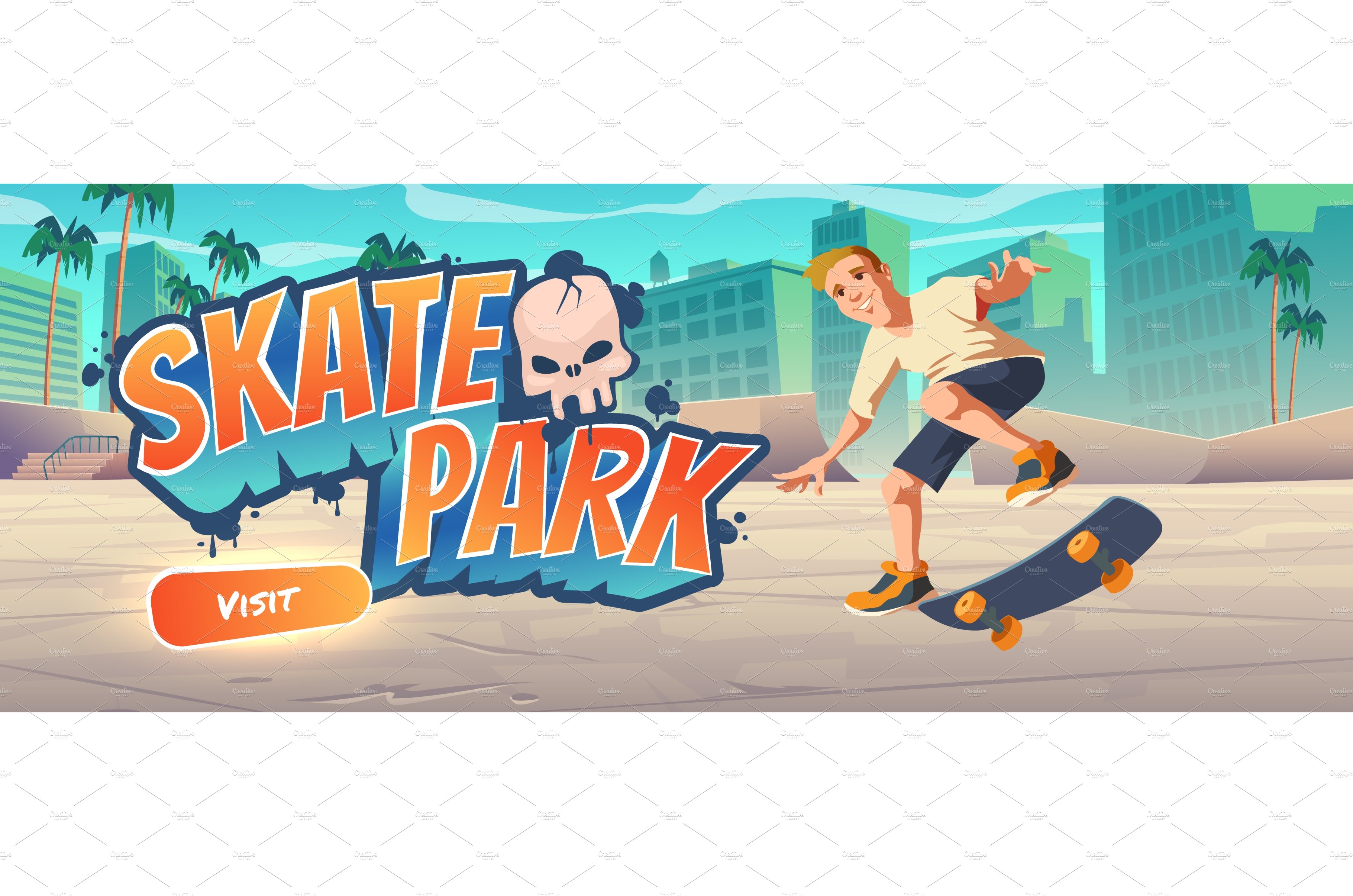 Skate park cartoon landing page with cover image.