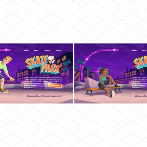 Skate park cartoon landing page with cover image.