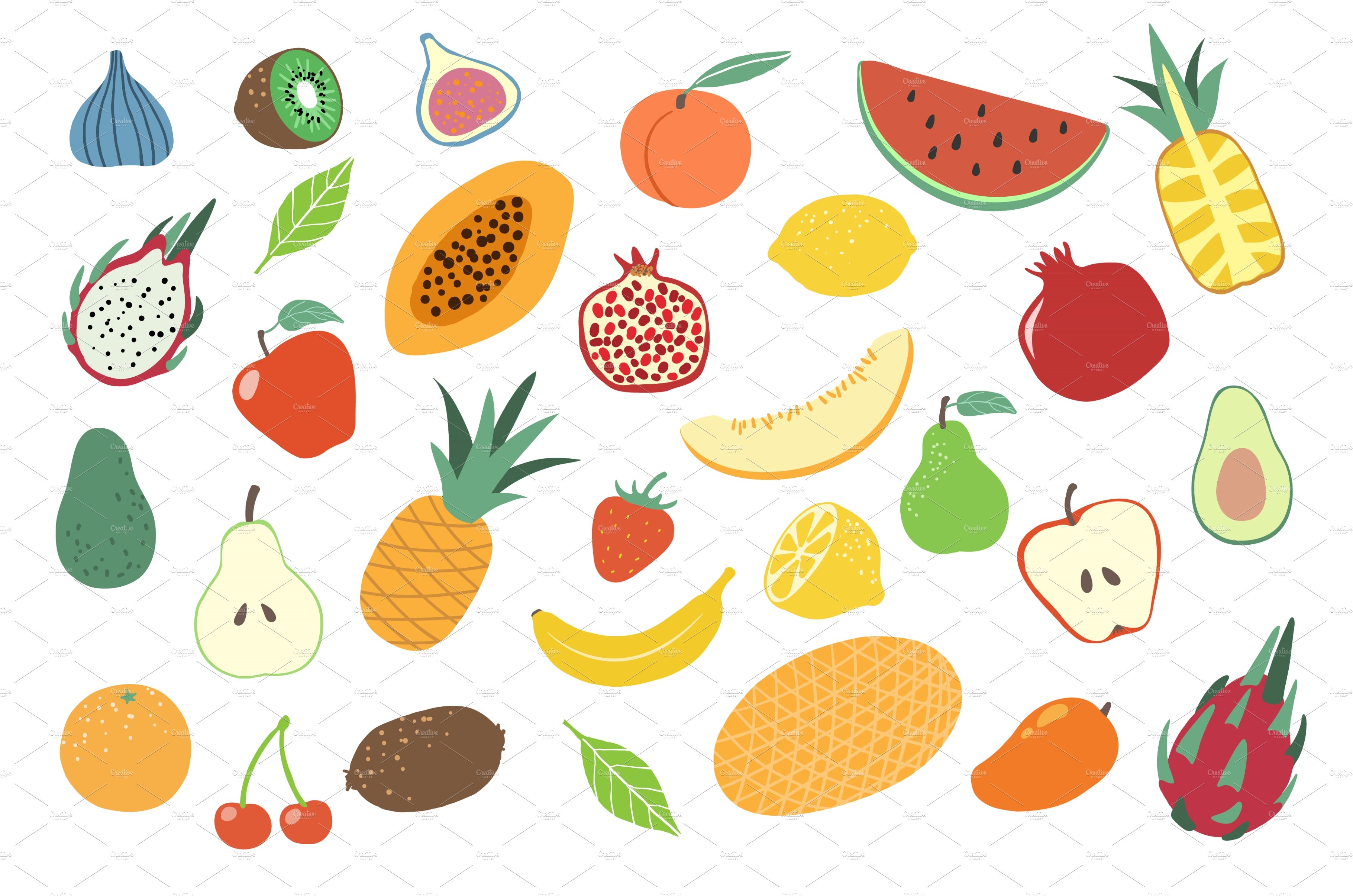 Fruits. Doodle apple, orange and cover image.