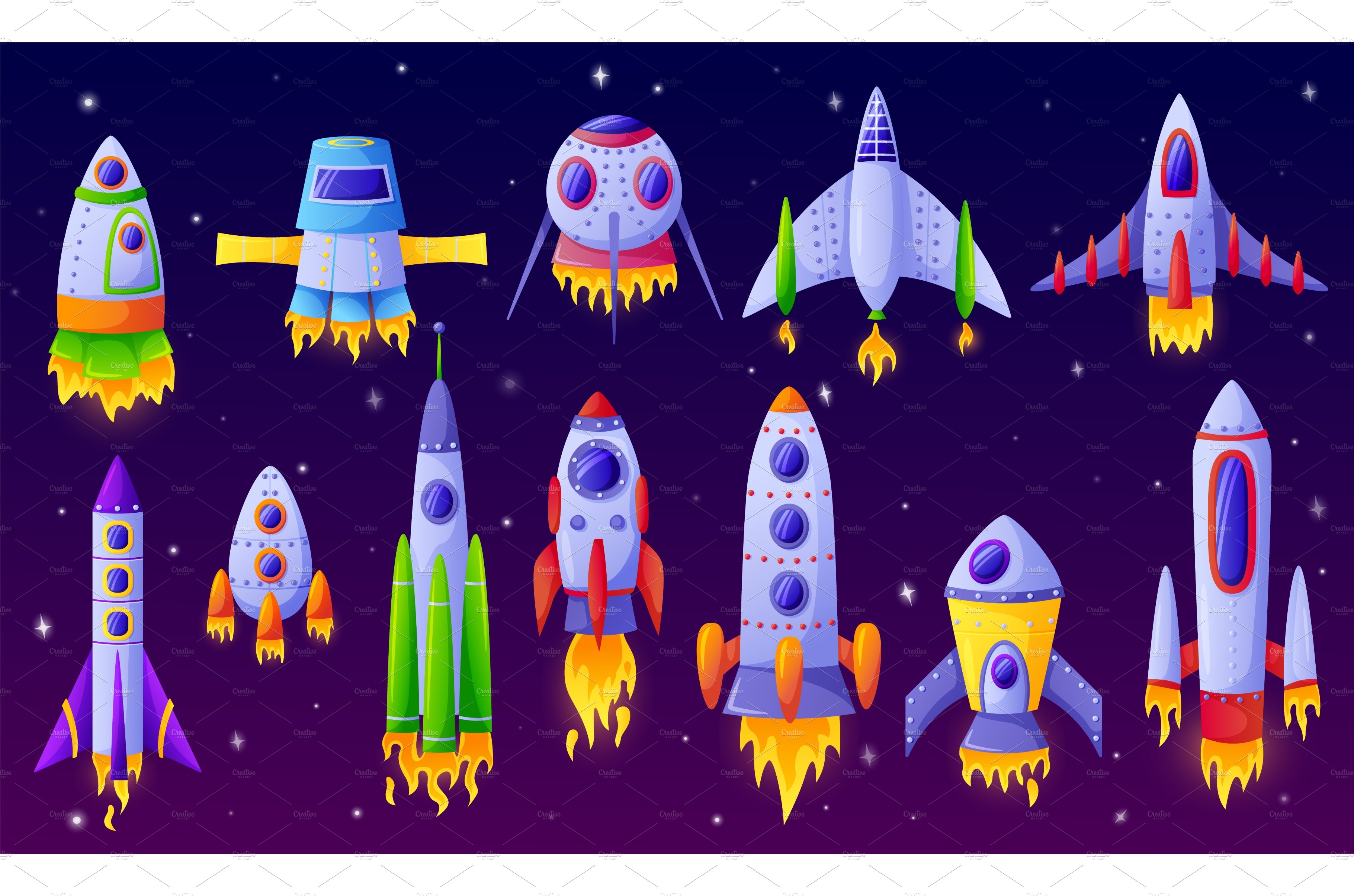 Cartoon spaceships. Futuristic cover image.
