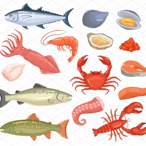 Cartoon seafood. Fresh fish, oyster cover image.