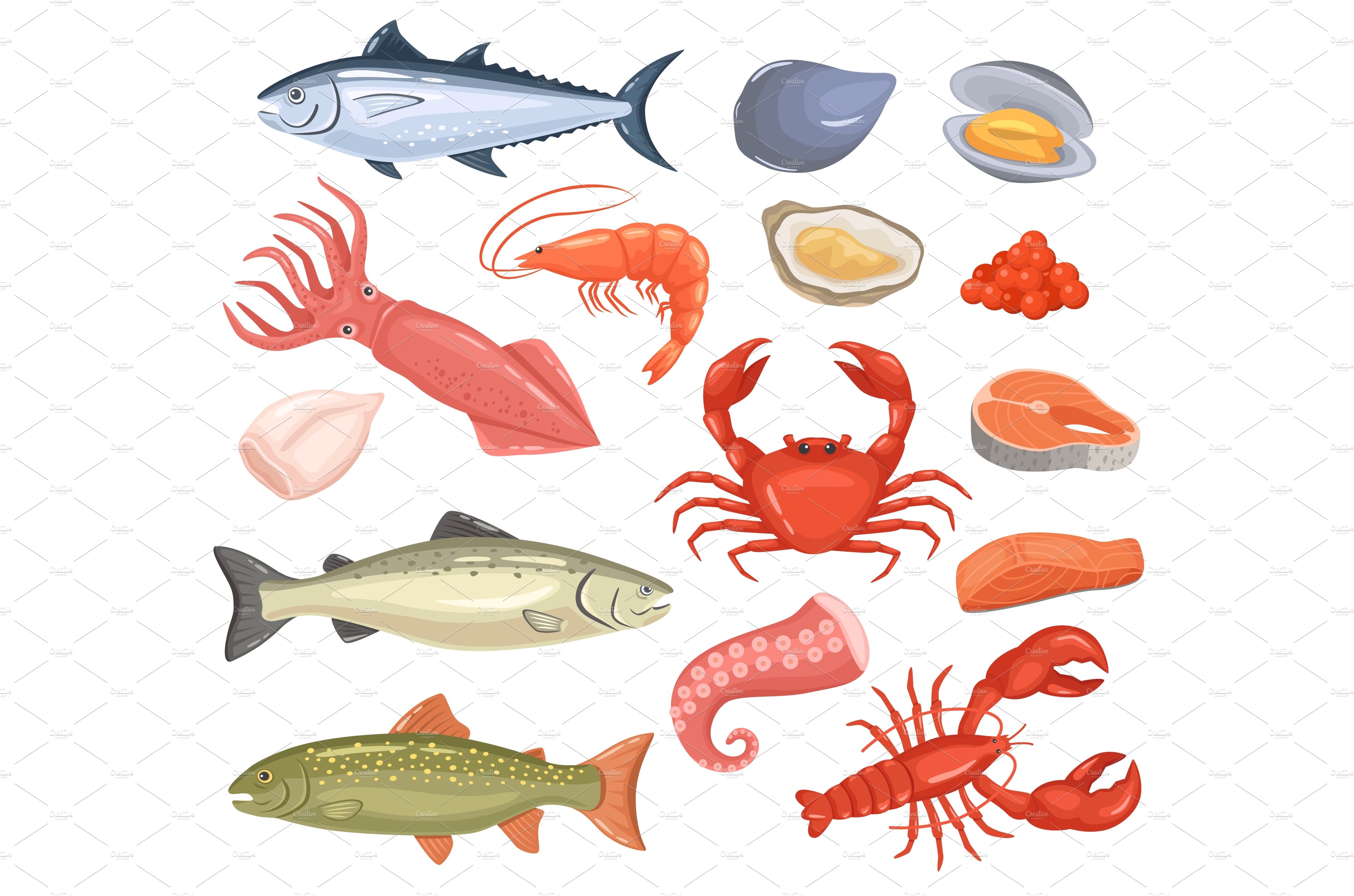 Cartoon seafood. Fresh fish, oyster cover image.