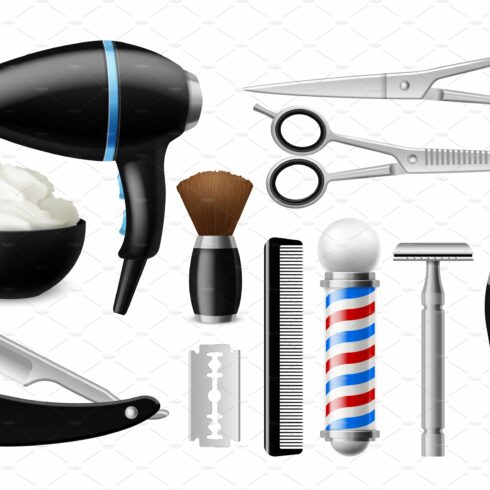 Realistic barber tools. Barbershop cover image.