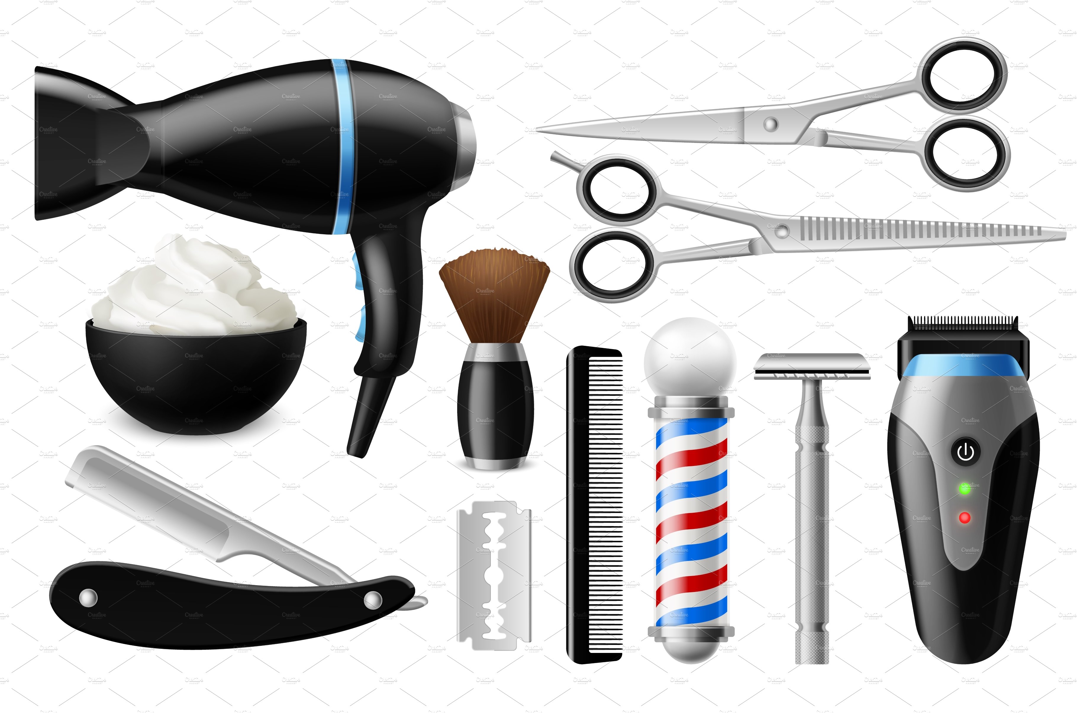 Realistic barber tools. Barbershop cover image.