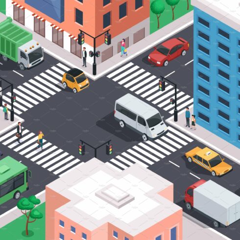 Isometric city crossroad with cars cover image.