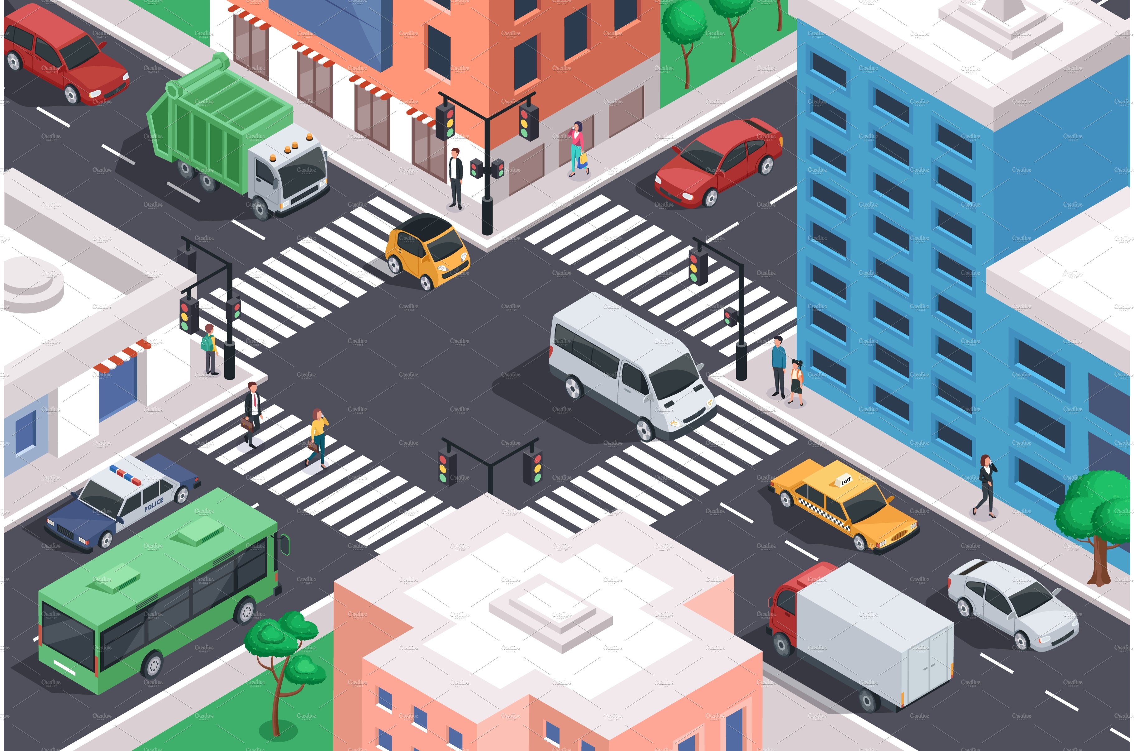 Isometric city crossroad with cars cover image.