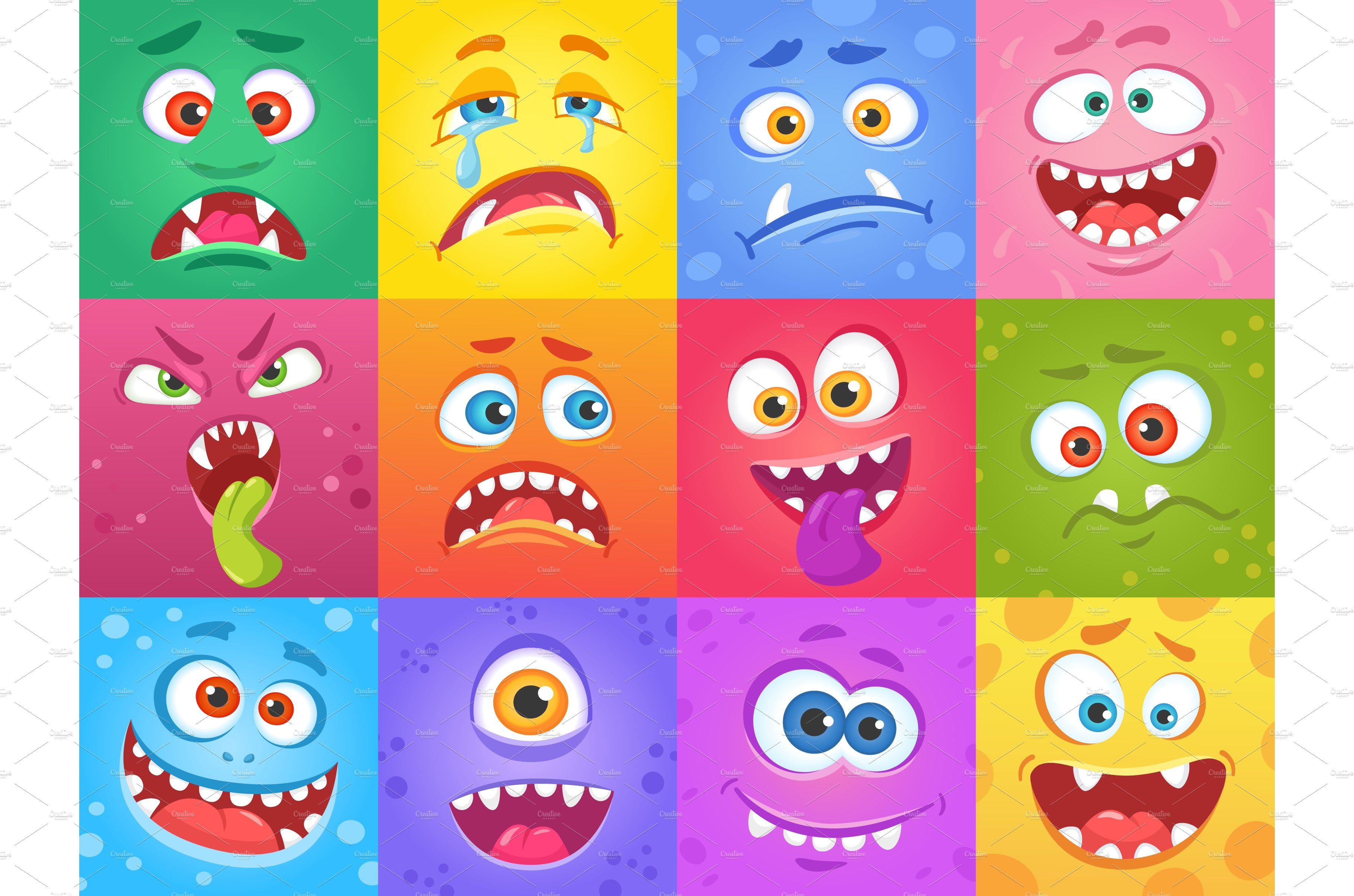 Cartoon funny monster faces in cover image.