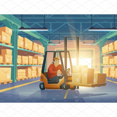 Warehouse with man worker, forklift cover image.