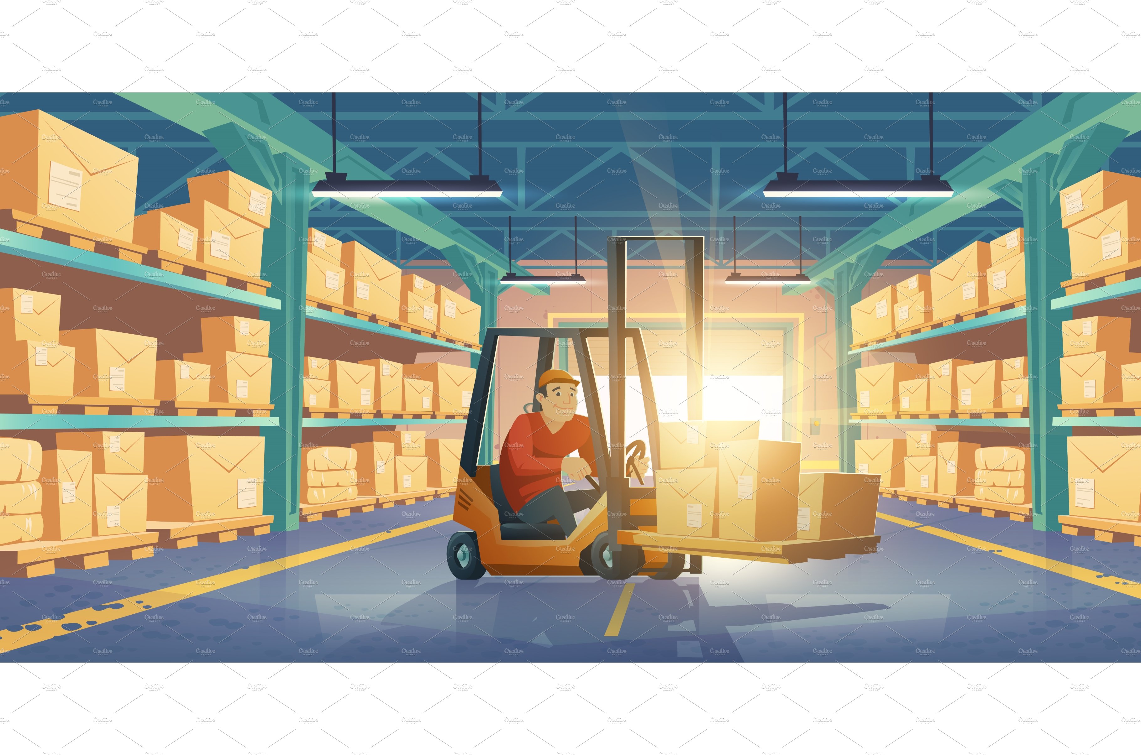 Warehouse with man worker, forklift cover image.