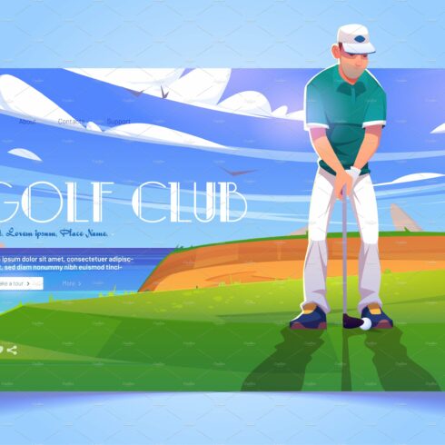 Golf club cartoon landing page cover image.