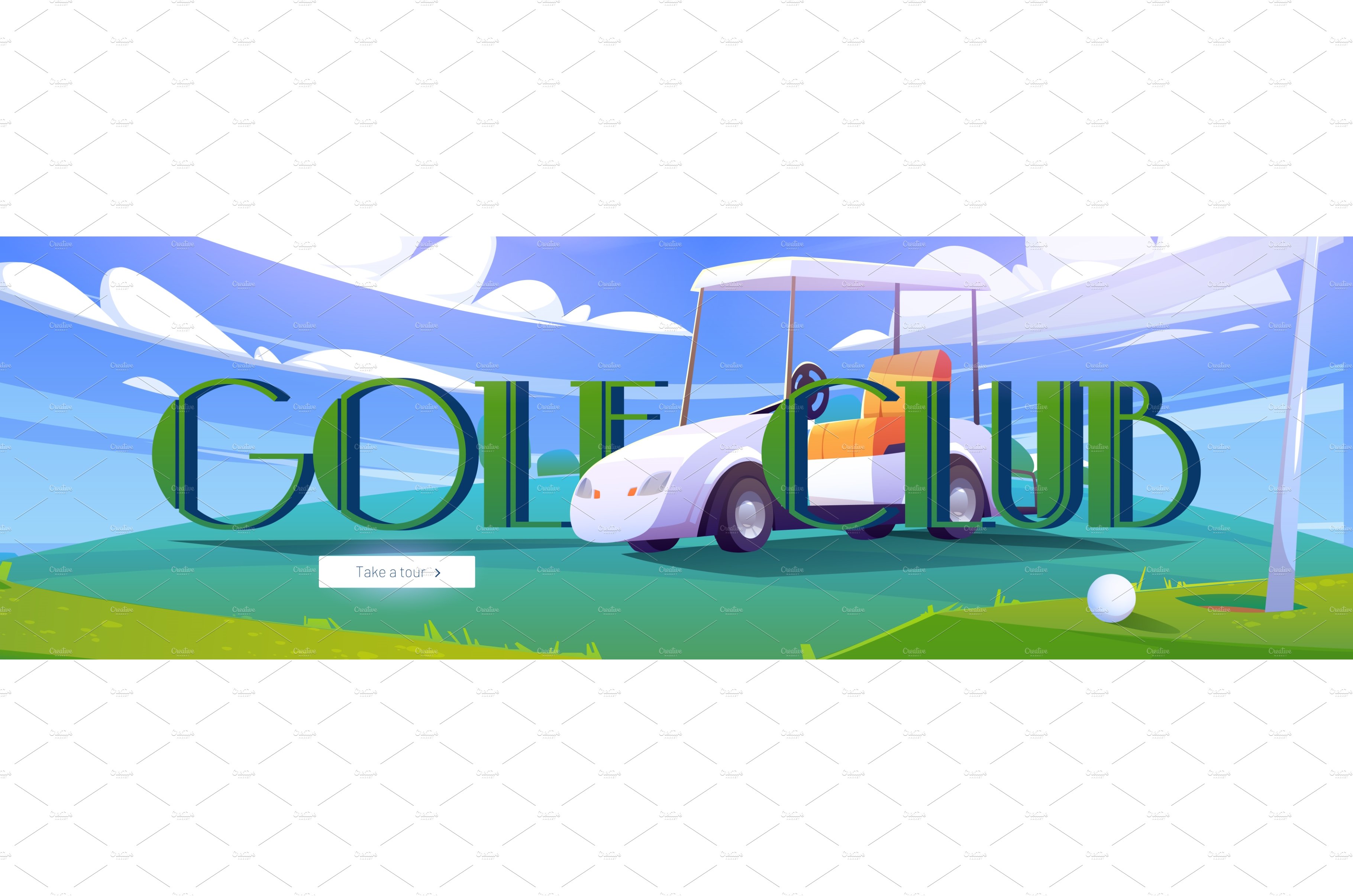 Golf club cartoon web banner with cover image.