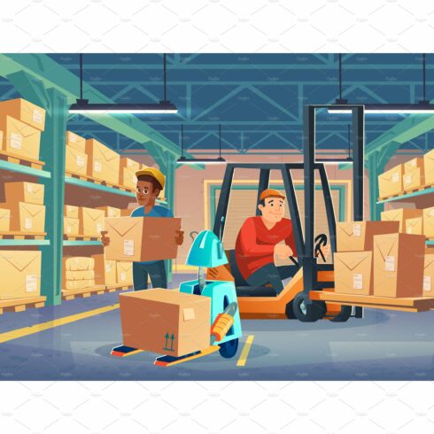 Warehouse with workers, forklift cover image.