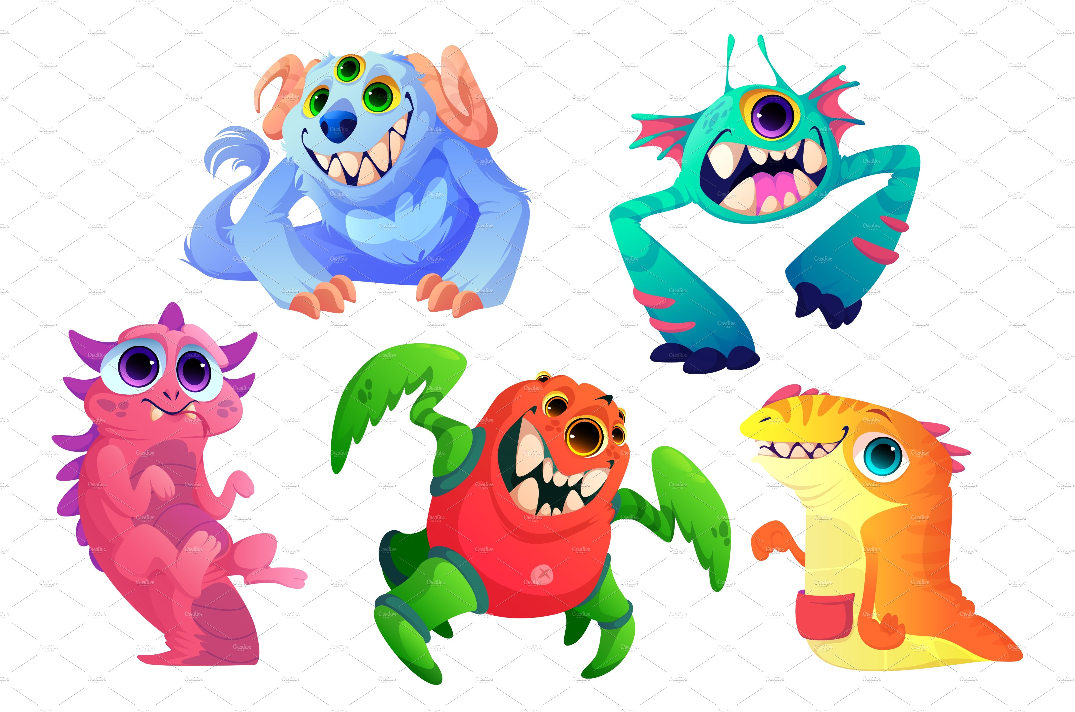 Cute monsters set, cartoon funny cover image.