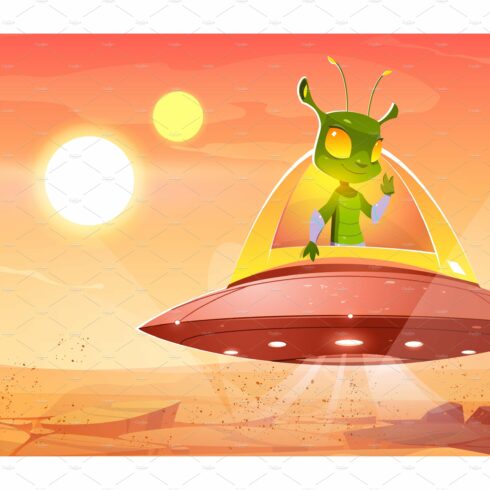 Funny alien in spaceship hover above cover image.
